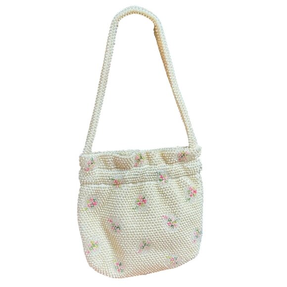 Vintage Handbags - Vintage 50s White Beaded Floral Handbag